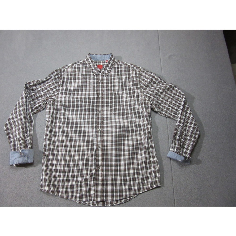 Saks Fifth Avenue Shirt Mens Large Brown White Check Blue Flip Cuff Red Label